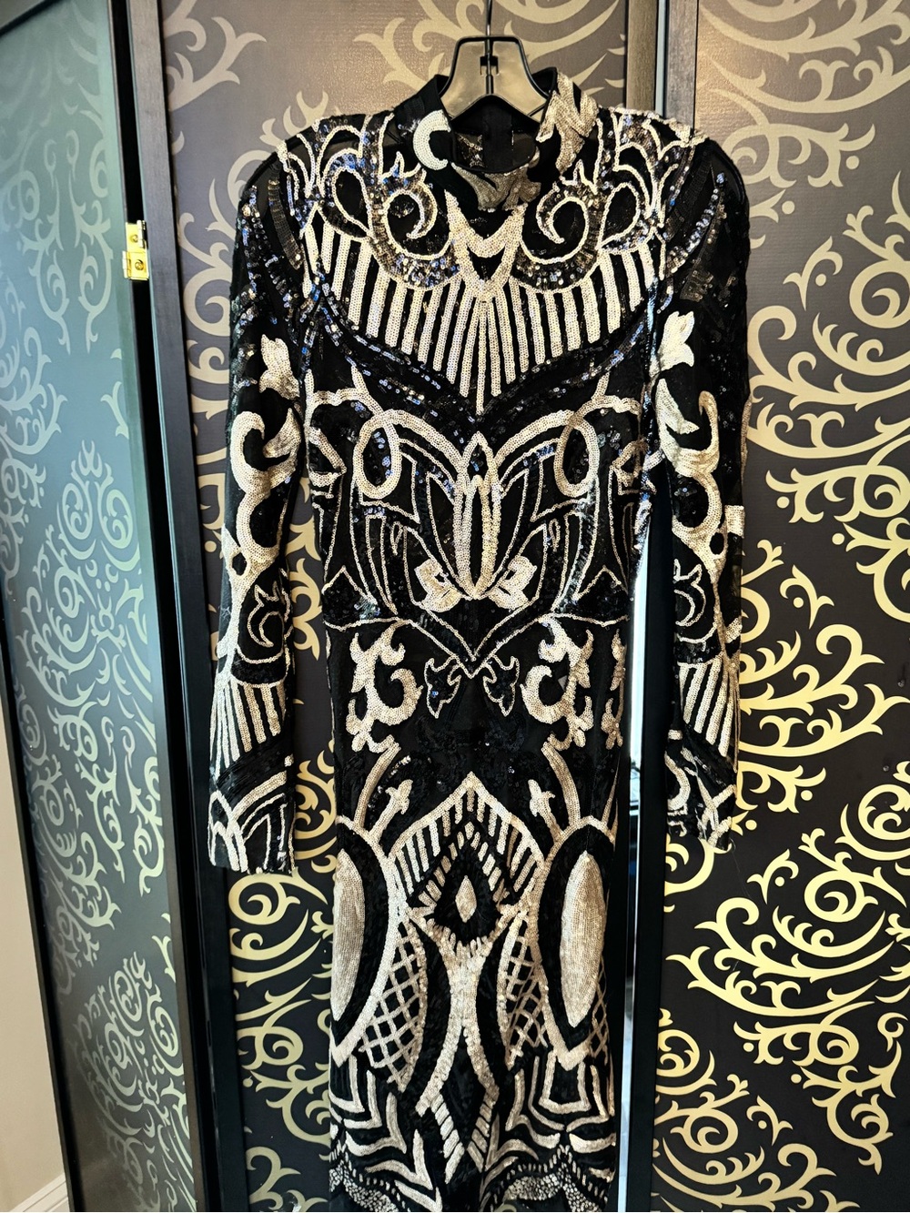 Fashion Nova Black and Gold Embellished Sequin Midi Dress - Picture 2 of 8